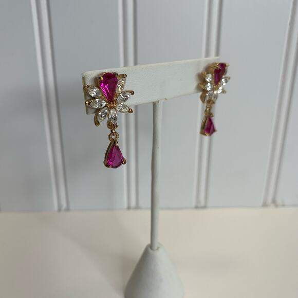 Pink Clear Rhinestone Crystal Drop Earrings 1.25" - Picture 3 of 3